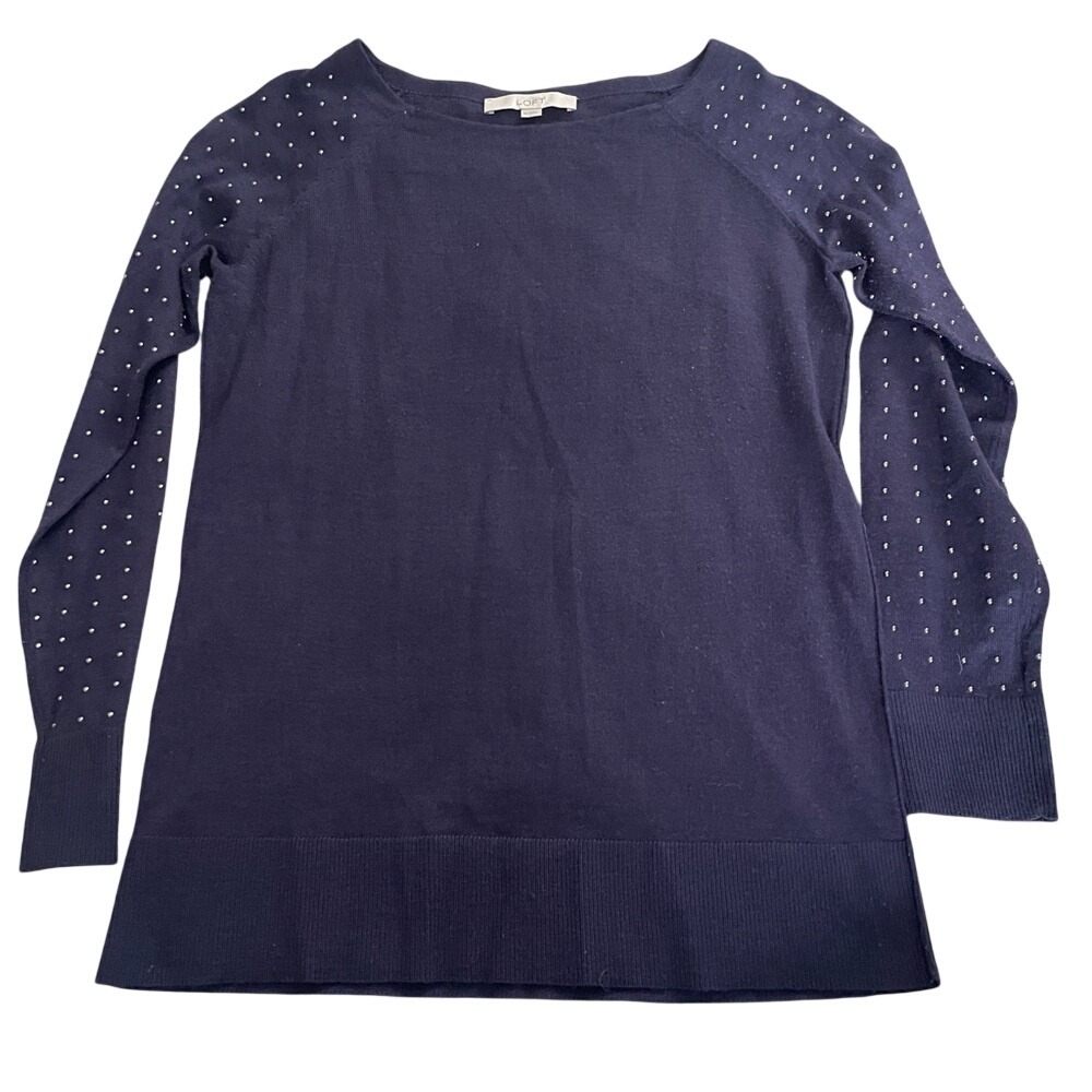 LOFT Navy Blue Studded Raglan Sleeve Knit Sweater Boat Neck‎ Navy Medium